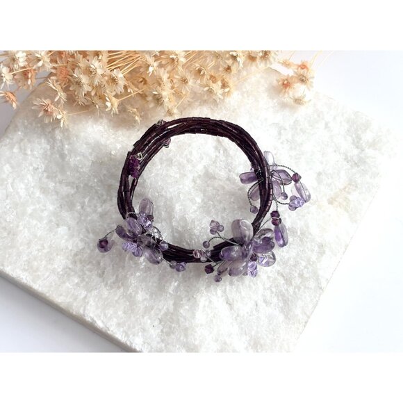 Wrap Around Purple Beaded Vintage Floral Multi Layered Bracelet - Picture 2 of 12